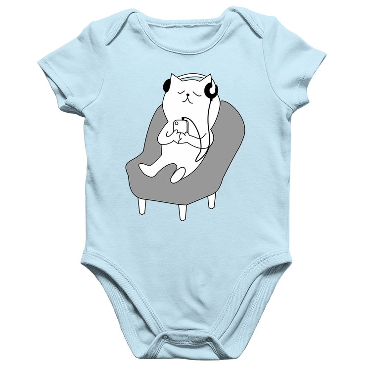 Body Bebê Algodão Gatinho Ouvindo Música - Azul Bebê