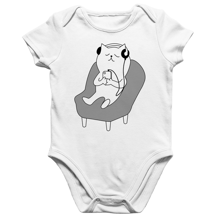 Body Bebê Algodão Gatinho Ouvindo Música - Branco