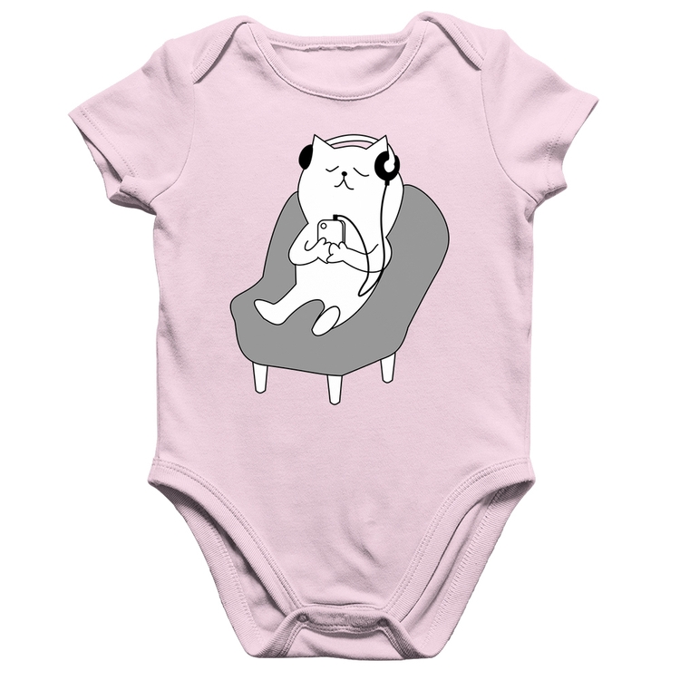 Body Bebê Algodão Gatinho Ouvindo Música - Rosa Bebê