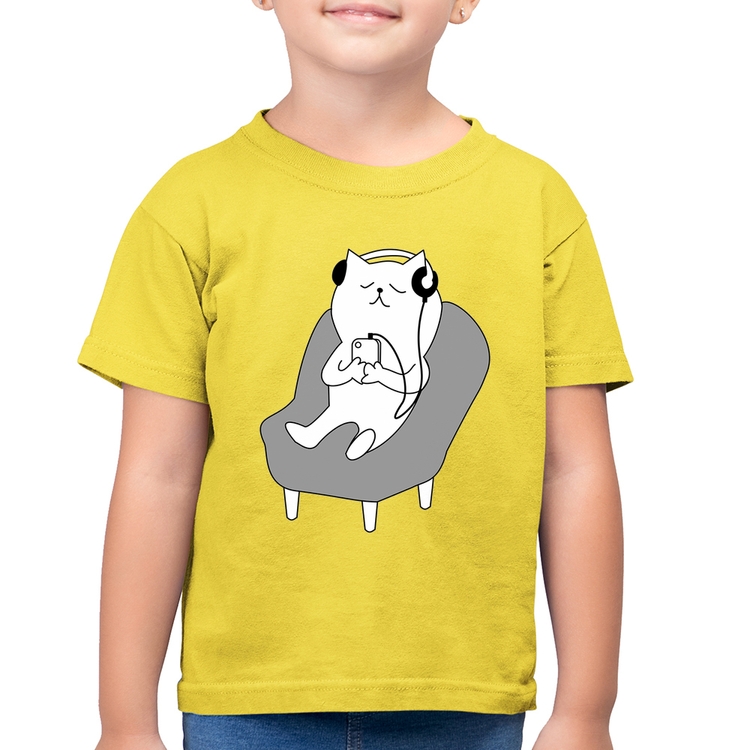 Camiseta Algodão Infantil Gatinho Ouvindo Música - Amarelo Canário
