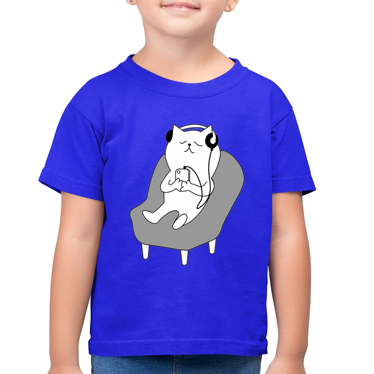 Camiseta Algodão Infantil Gatinho Ouvindo Música - Azul Royal