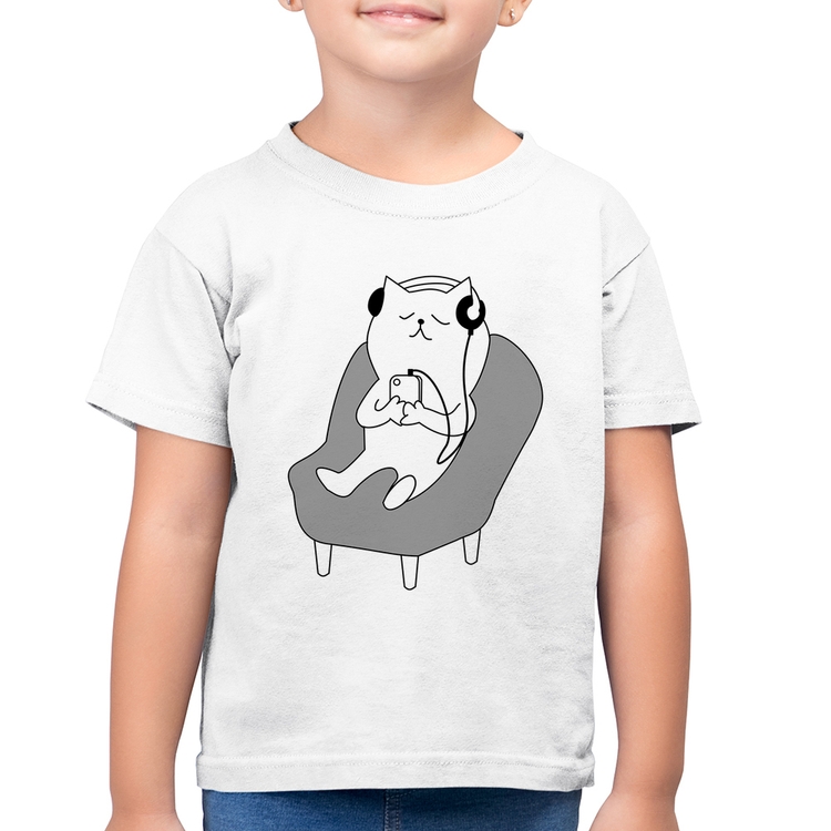 Camiseta Algodão Infantil Gatinho Ouvindo Música - Branca
