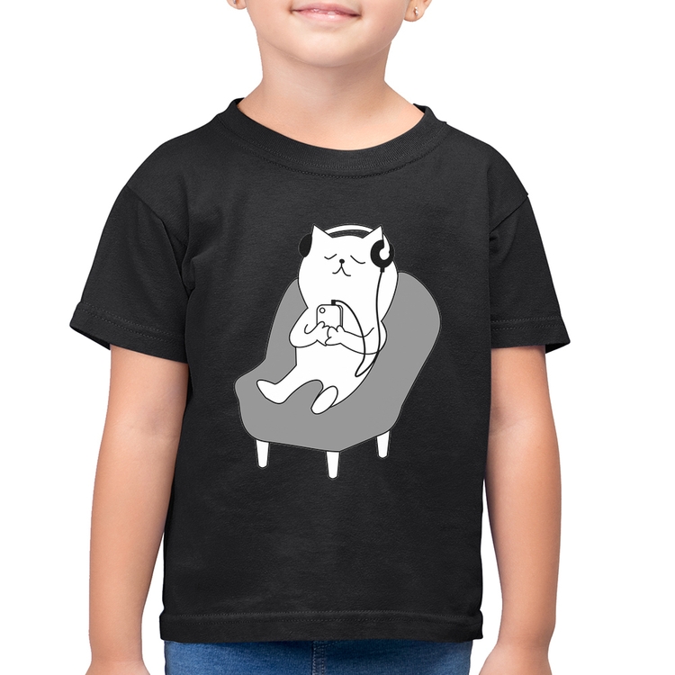 Camiseta Algodão Infantil Gatinho Ouvindo Música