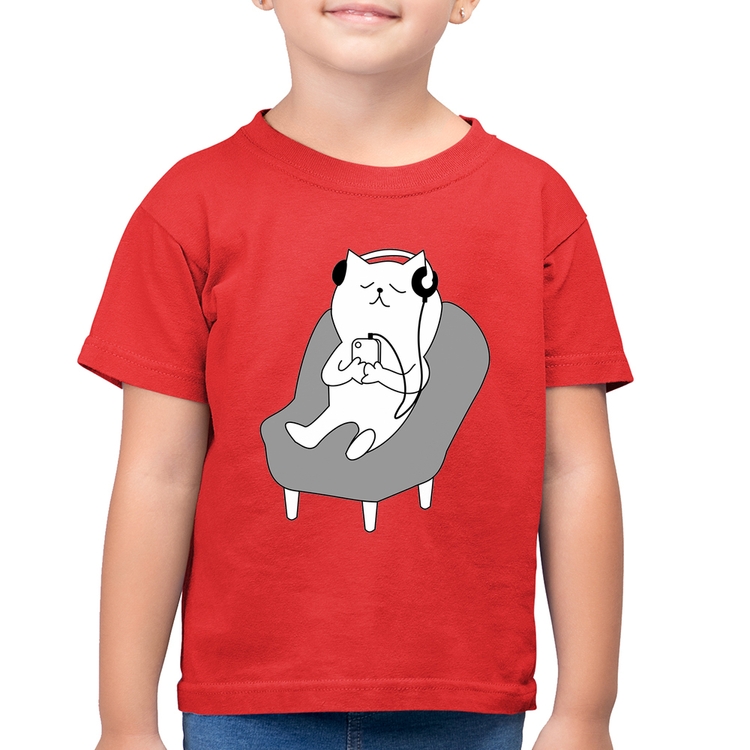 Camiseta Algodão Infantil Gatinho Ouvindo Música - Vermelha
