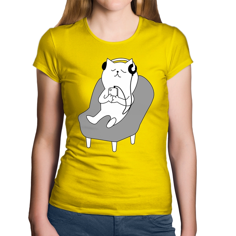 Baby Look Algodão Gatinho Ouvindo Música - Amarela