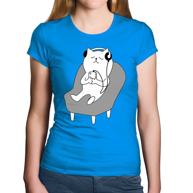 Baby Look Algodão Gatinho Ouvindo Música - Azul