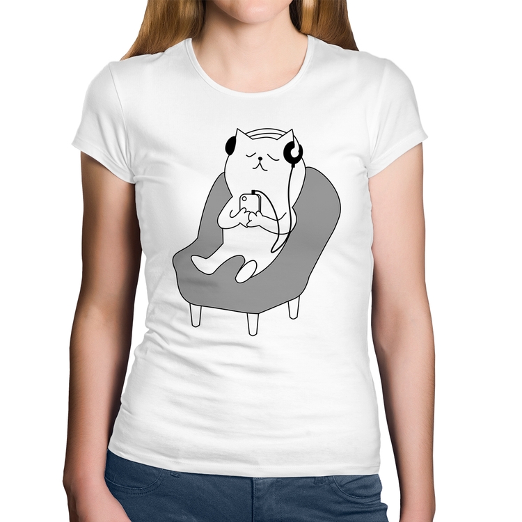 Baby Look Algodão Gatinho Ouvindo Música - Branca