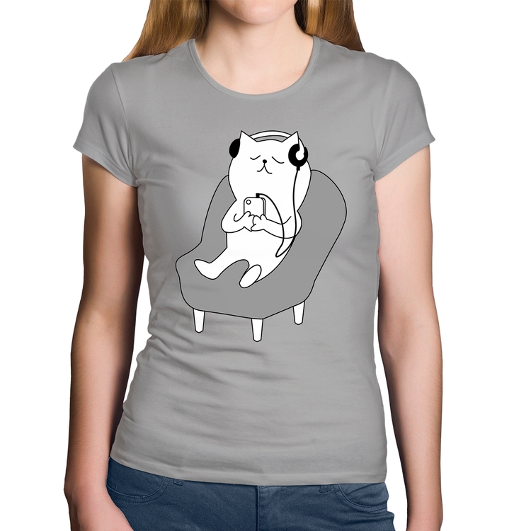 Baby Look Algodão Gatinho Ouvindo Música - Cinza