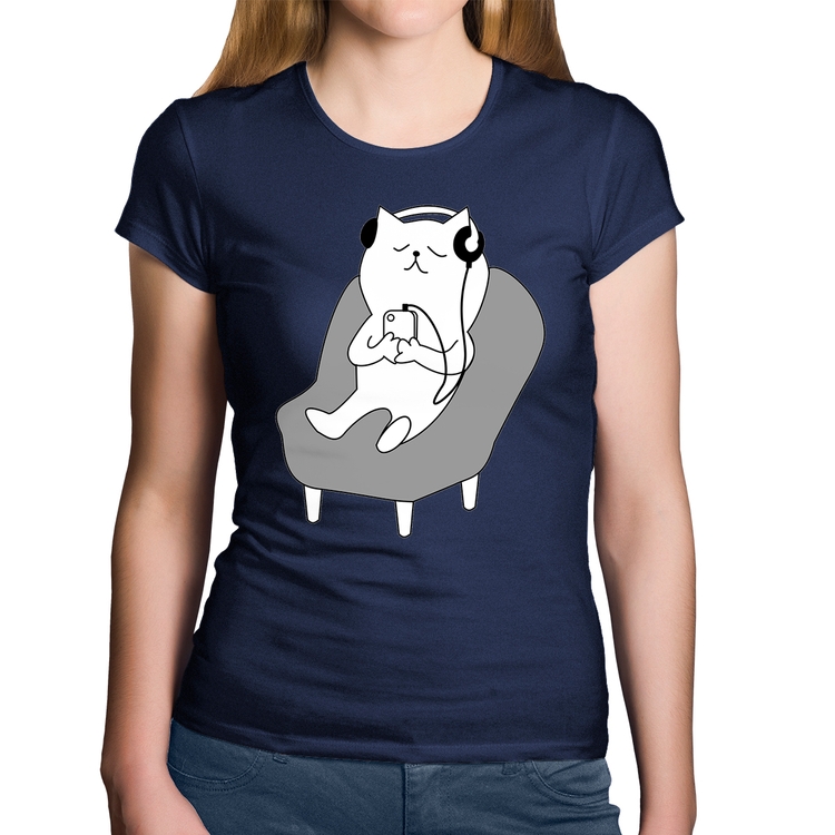 Baby Look Algodão Gatinho Ouvindo Música - Marinho