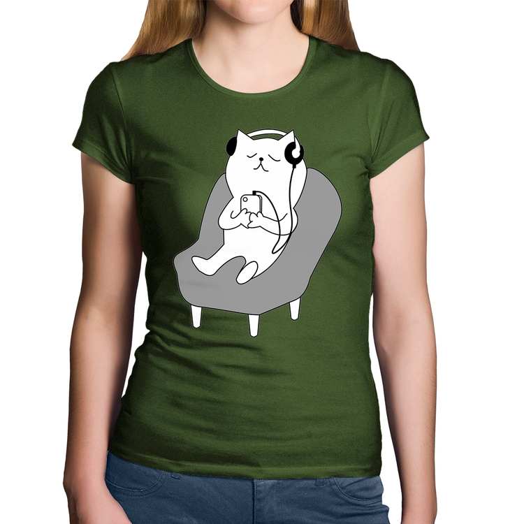 Baby Look Algodão Gatinho Ouvindo Música - Musgo