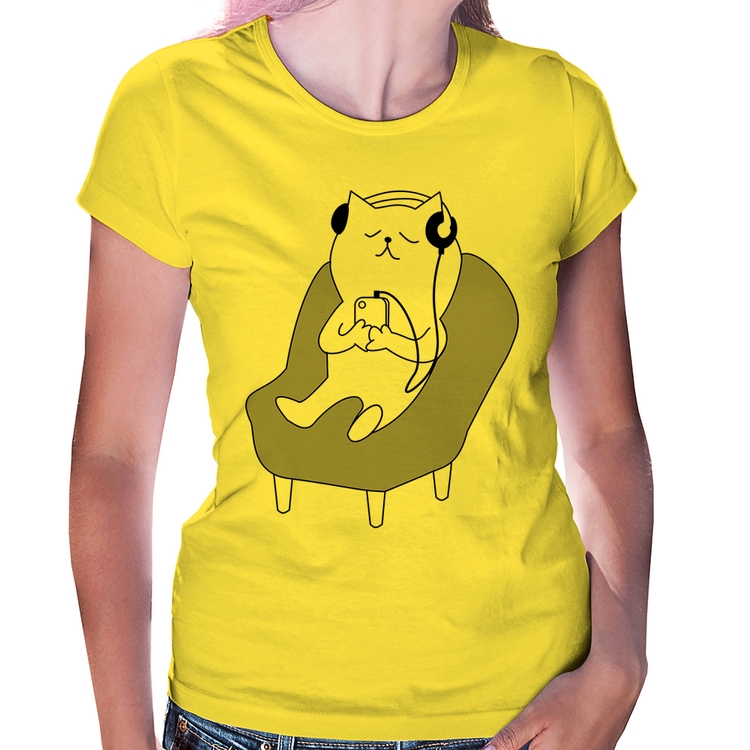 Baby Look Gatinho Ouvindo Música - Amarela