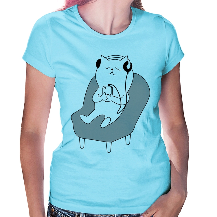 Baby Look Gatinho Ouvindo Música - Azul Bebê