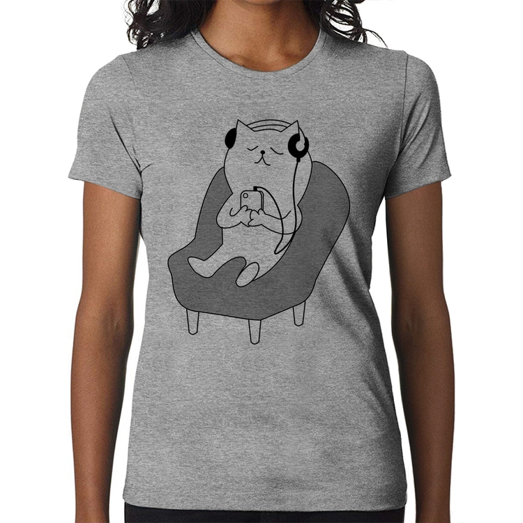 Baby Look Gatinho Ouvindo Música - Cinza