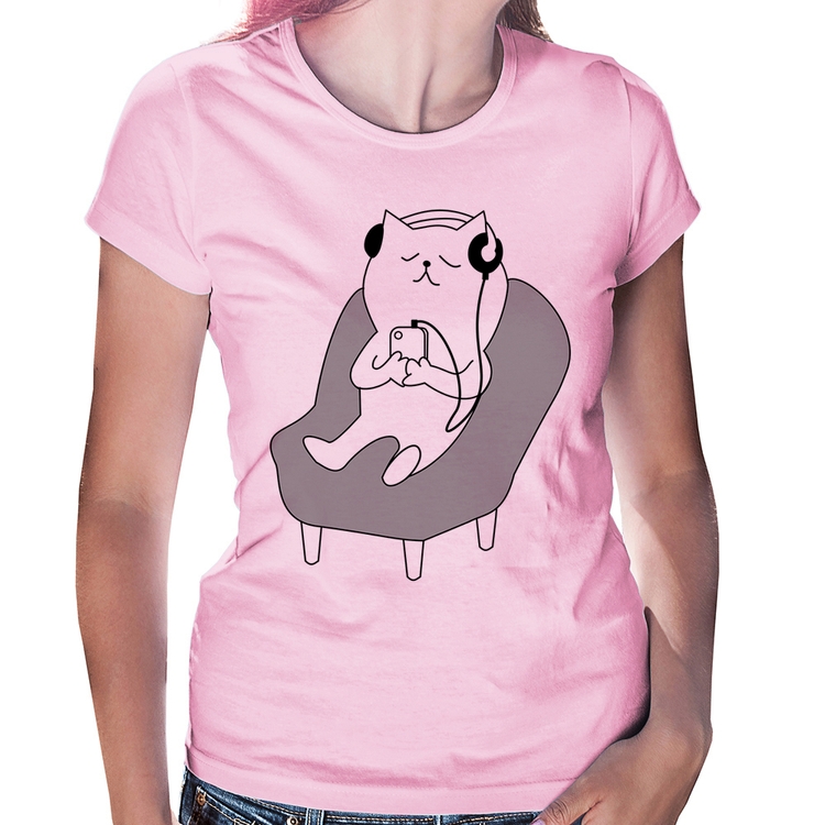 Baby Look Gatinho Ouvindo Música - Rosa Bebê