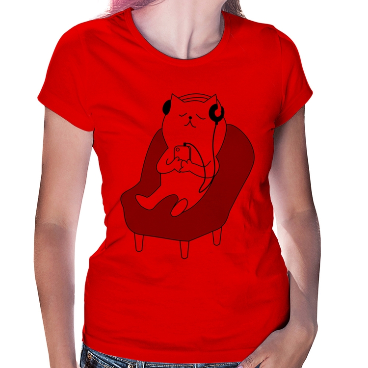 Baby Look Gatinho Ouvindo Música - Vermelha