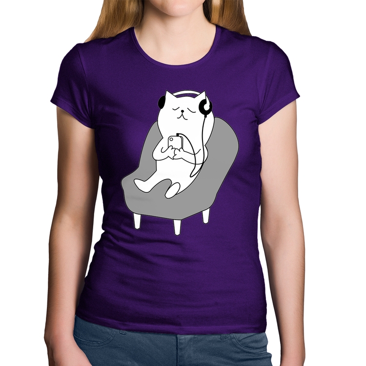 Baby Look Algodão Gatinho Ouvindo Música - Roxa