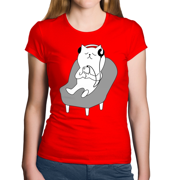 Baby Look Algodão Gatinho Ouvindo Música - Vermelha