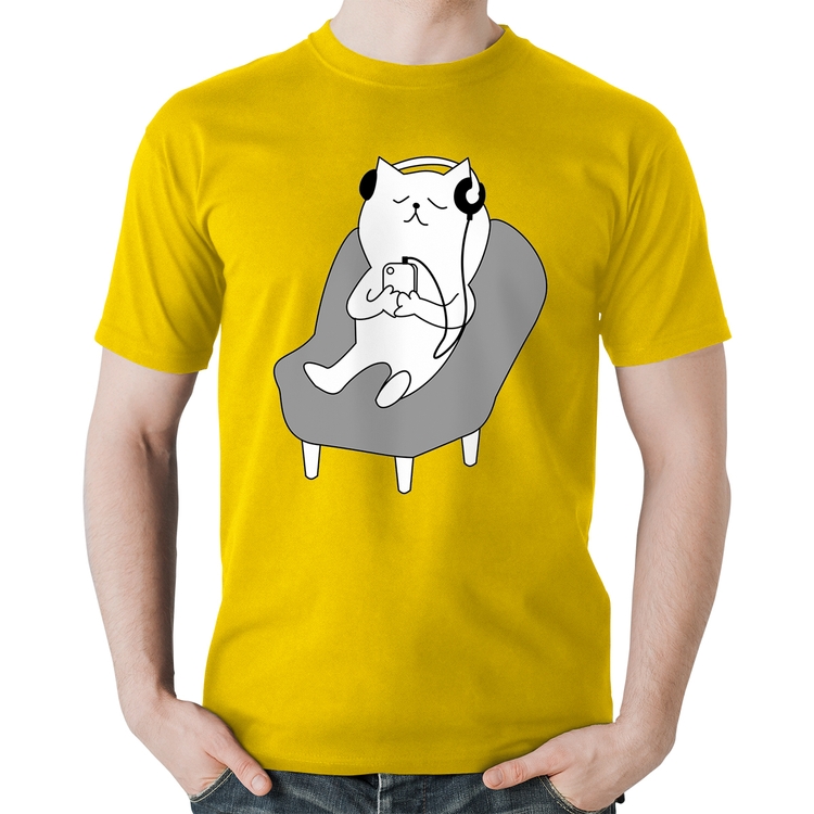 Camiseta Algodão Gatinho Ouvindo Música - Amarela