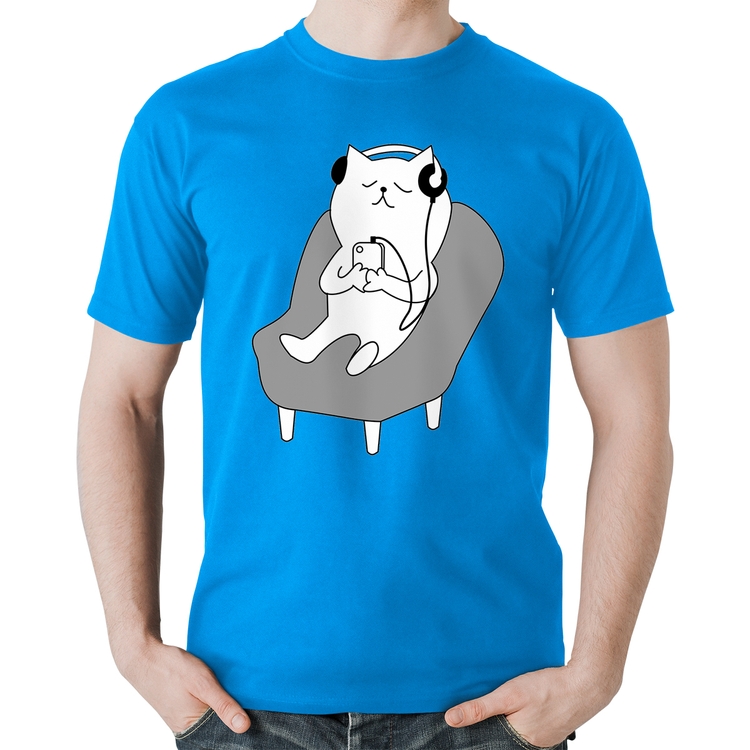 Camiseta Algodão Gatinho Ouvindo Música - Azul