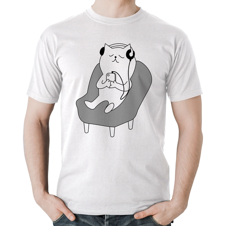 Camiseta Algodão Gatinho Ouvindo Música - Branca