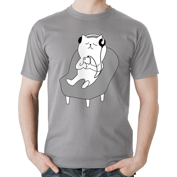 Camiseta Algodão Gatinho Ouvindo Música - Cinza
