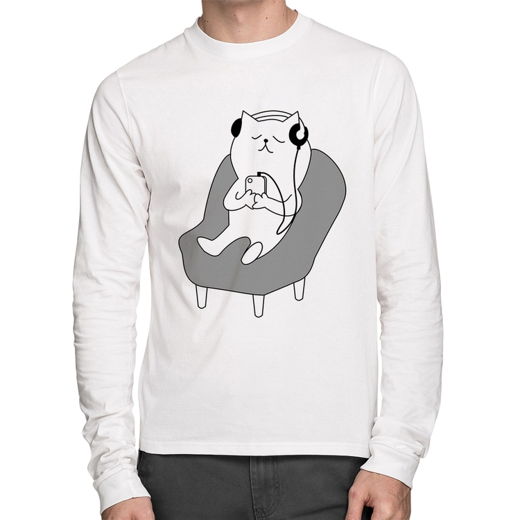 Camiseta Algodão Gatinho Ouvindo Música Manga Longa - Branca