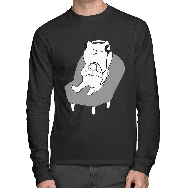 Camiseta Algodão Gatinho Ouvindo Música Manga Longa