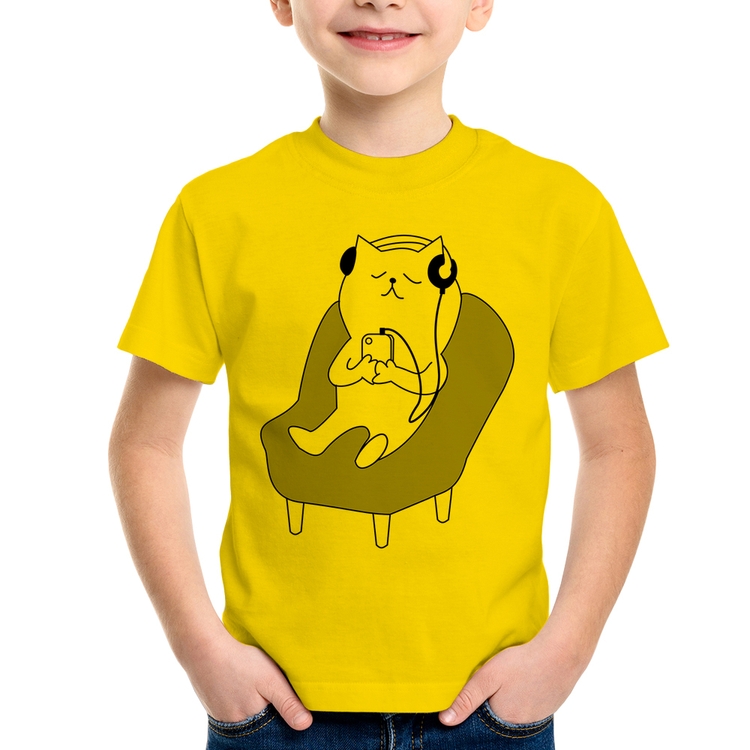 Camiseta Infantil Gatinho Ouvindo Música - Amarela