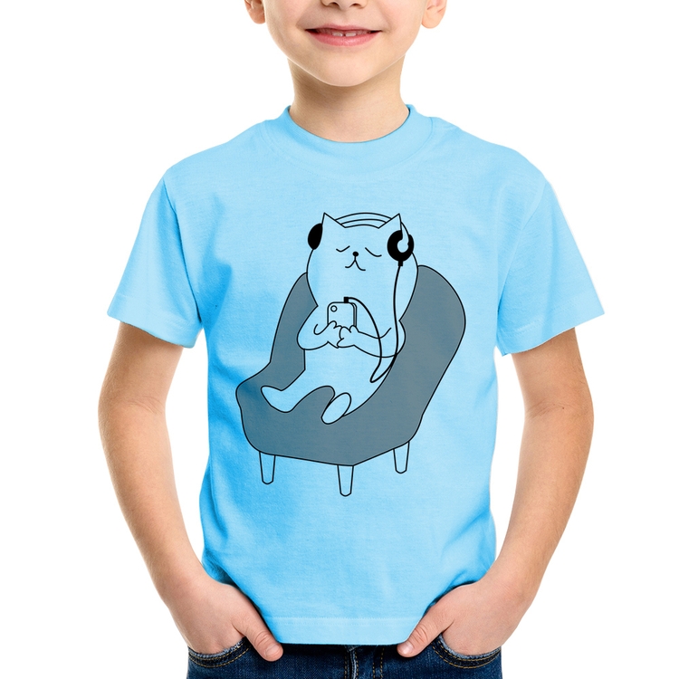Camiseta Infantil Gatinho Ouvindo Música - Azul Bebê