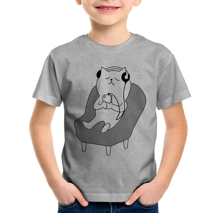 Camiseta Infantil Gatinho Ouvindo Música - Cinza