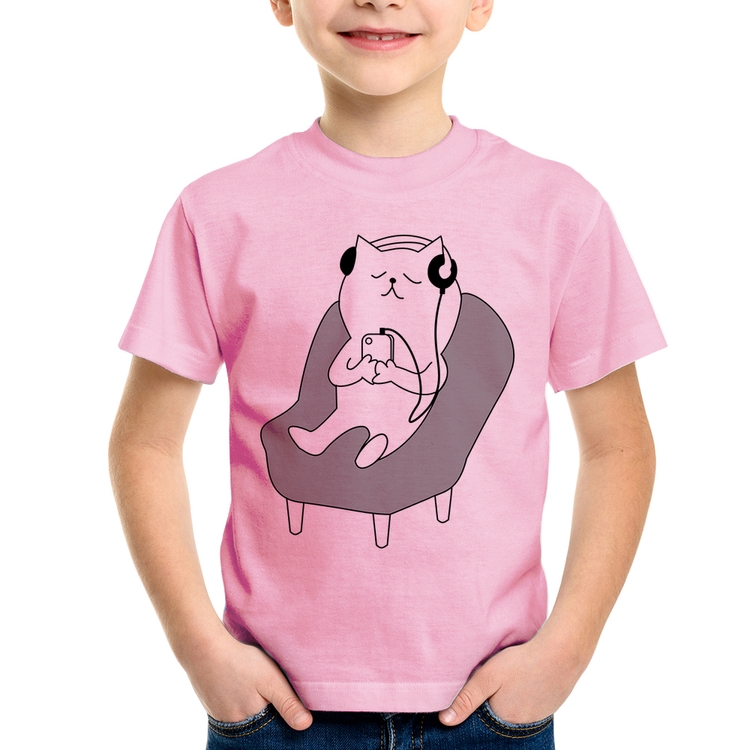 Camiseta Infantil Gatinho Ouvindo Música - Rosa Bebê
