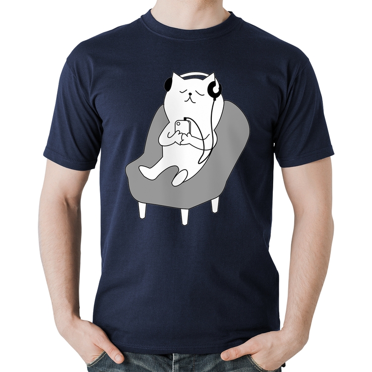 Camiseta Algodão Gatinho Ouvindo Música - Marinho