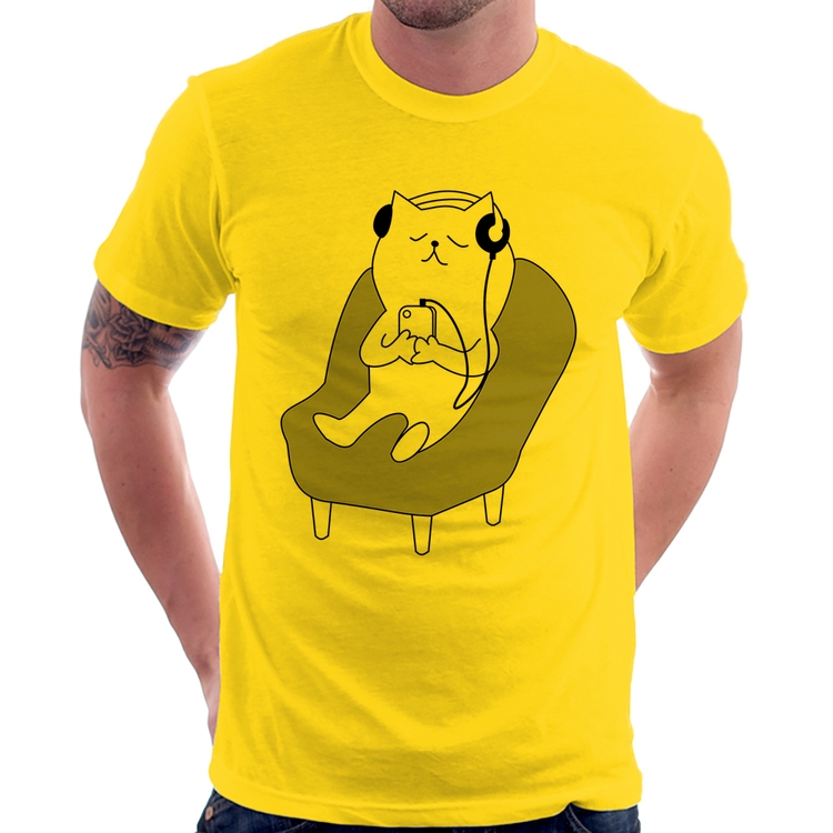 Camiseta Gatinho Ouvindo Música - Amarela