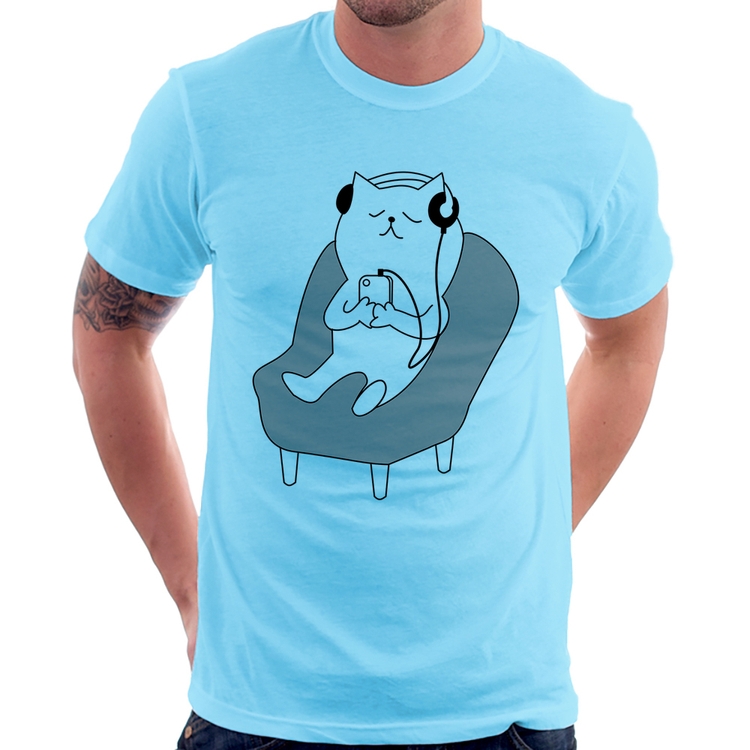 Camiseta Gatinho Ouvindo Música - Azul Bebê