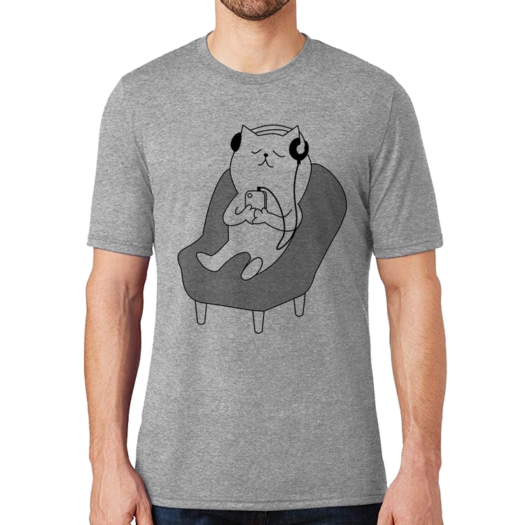 Camiseta Gatinho Ouvindo Música - Cinza