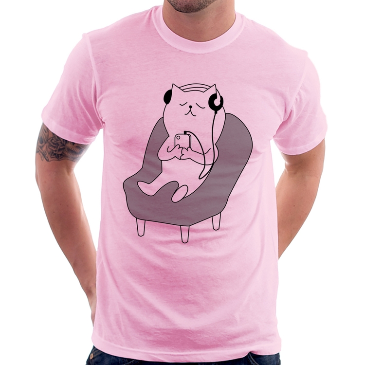 Camiseta Gatinho Ouvindo Música - Rosa Bebê