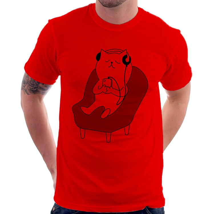 Camiseta Gatinho Ouvindo Música - Vermelha