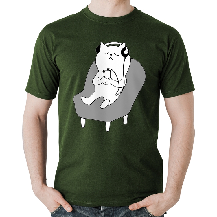 Camiseta Algodão Gatinho Ouvindo Música - Musgo