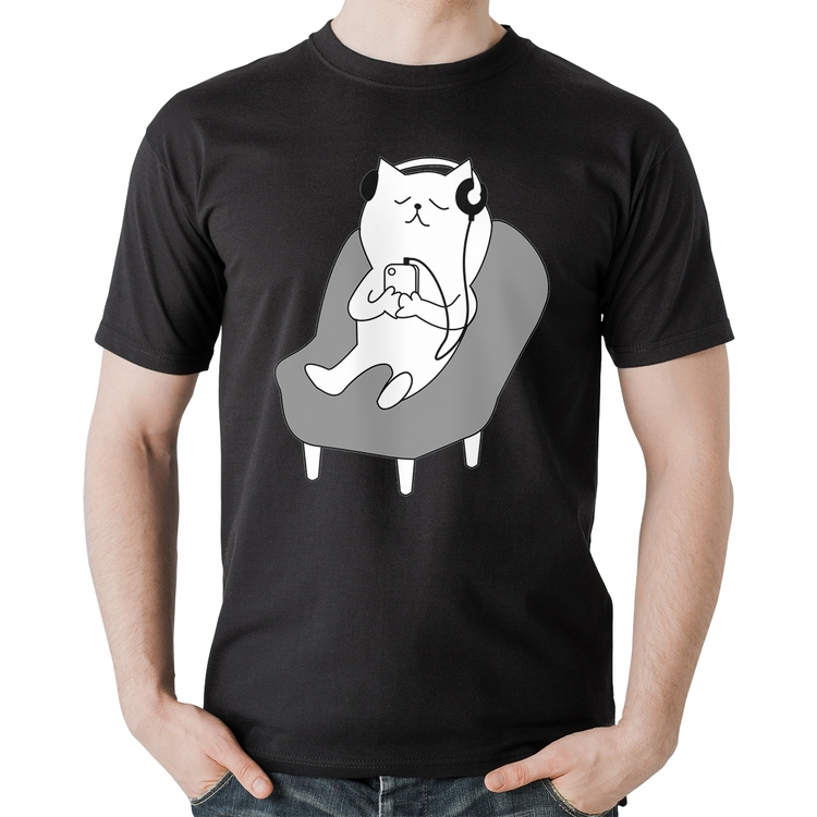 Camiseta Algodão Gatinho Ouvindo Música