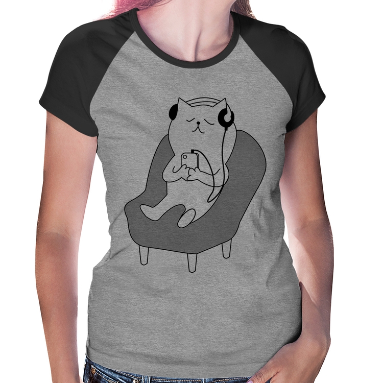 Baby Look Raglan Gatinho Ouvindo Música - Cinza/Preto