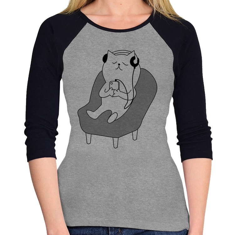 Baby Look Raglan Gatinho Ouvindo Música Manga 3/4 - Cinza/Preto