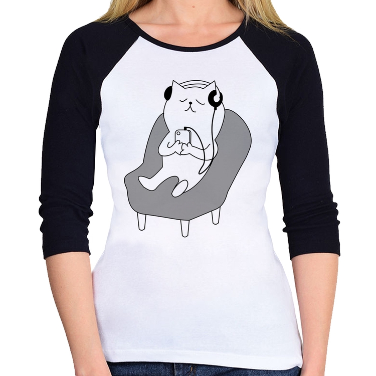 Baby Look Raglan Gatinho Ouvindo Música Manga 3/4