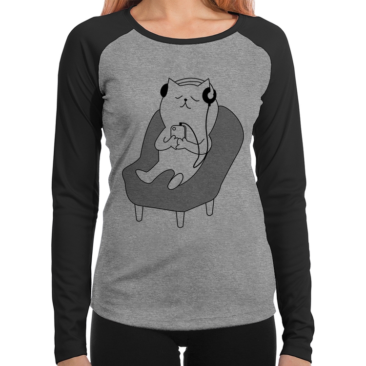 Baby Look Raglan Gatinho Ouvindo Música Manga Longa - Cinza/Preto