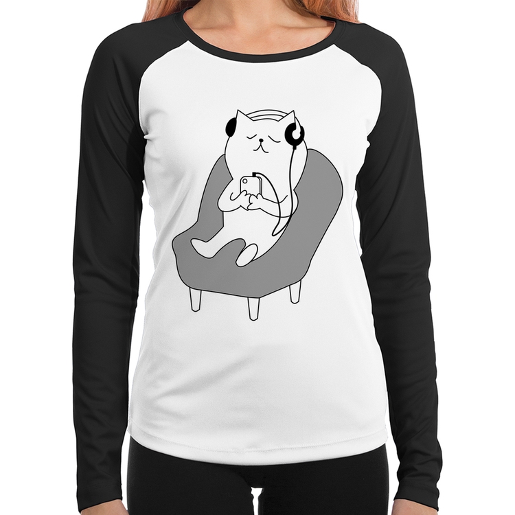 Baby Look Raglan Gatinho Ouvindo Música Manga Longa
