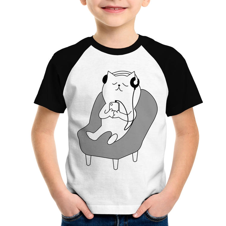 Camiseta Raglan Infantil Gatinho Ouvindo Música