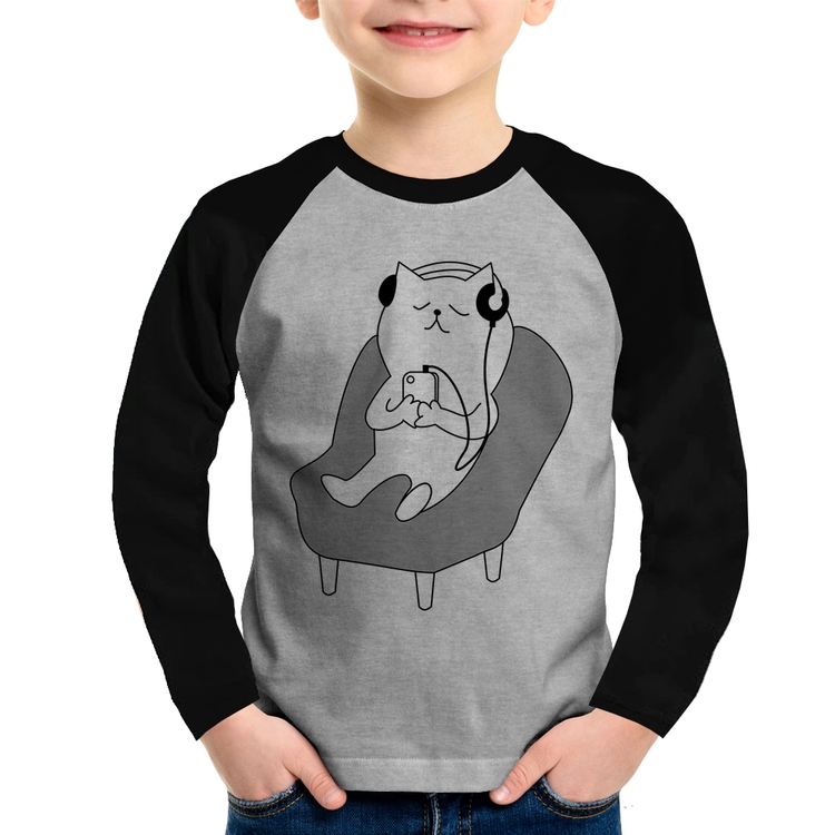 Camiseta Raglan Infantil Gatinho Ouvindo Música Manga Longa - Cinza/Preto
