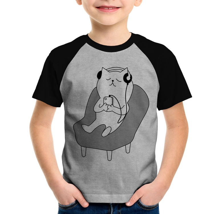 Camiseta Raglan Infantil Gatinho Ouvindo Música - Cinza/Preto