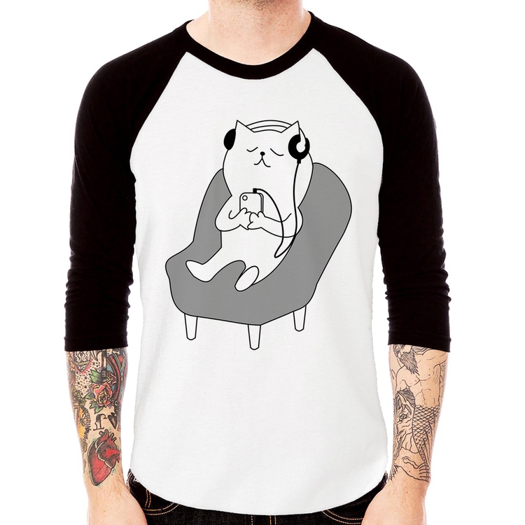Camiseta Raglan Gatinho Ouvindo Música Manga 3/4