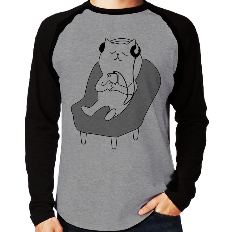 Camiseta Raglan Gatinho Ouvindo Música Manga Longa - Cinza/Preto