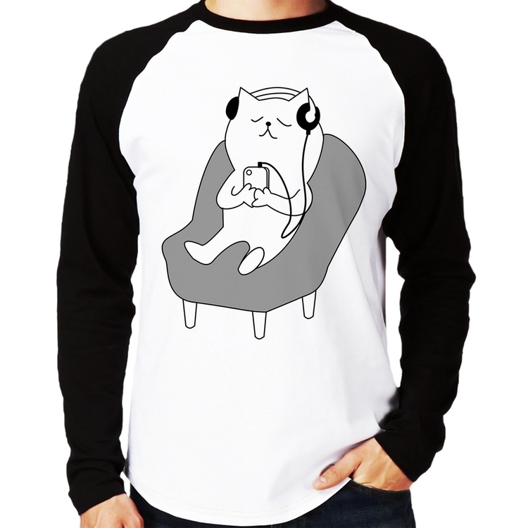 Camiseta Raglan Gatinho Ouvindo Música Manga Longa